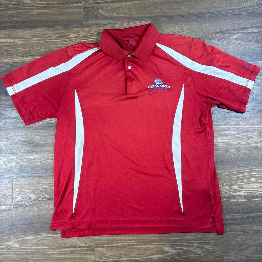 Gonzaga University red polo shirt with white diagonal stripes